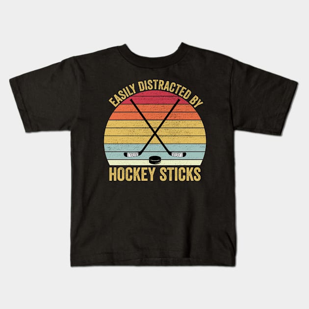 Easily Distracted By Hockey Sticks Funny Ice Hockey Kids T-Shirt by DragonTees